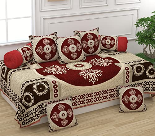 Image of Printed Chenille Velvet Diwan Set - 8 Pieces (1 Single Bedsheet, 5 Cushion Covers, 2 Bolster Covers), Printed Velvet Fabric Cover Set Soft for Living Room & Bedroom (8 Pieces, Maroon)