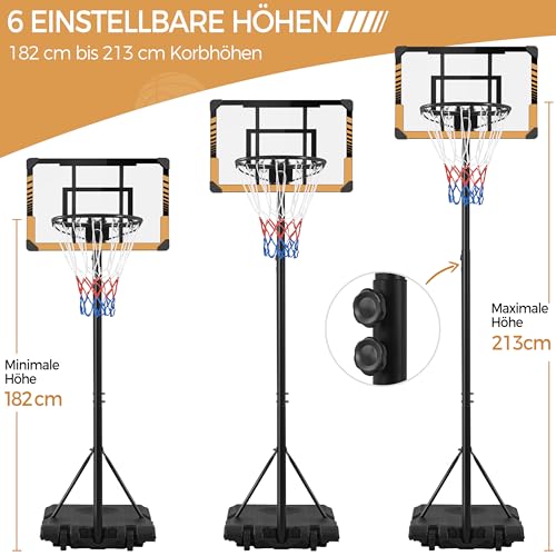 Yaheetech höhenverstellbarer Basketballständer, Basketballkorb mit Rollen, Mobile Basketballanlage Wasser/Sand Befüllbar, Korbanlage für Innen-/Außenbereich 216 cm – 246 cm Braun, Schwarz
