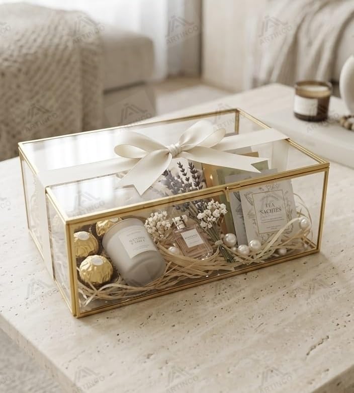 Image of Art India Collections Glass Jewelry Box with Brass Frame, Handmade Storage Box, 11x7x4 inches, Gold