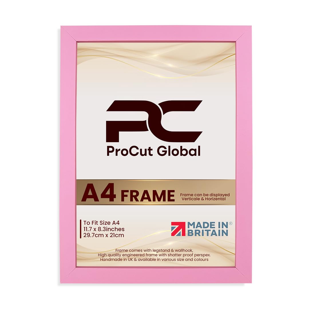 Procut Global A4 Pink Picture Frames – Sleek Wooden Photo Frame with Shatterproof Perspex for Wall or Tabletop – Perfect for Posters, Certificates, Prints–Multiple Sizes & Colors Available