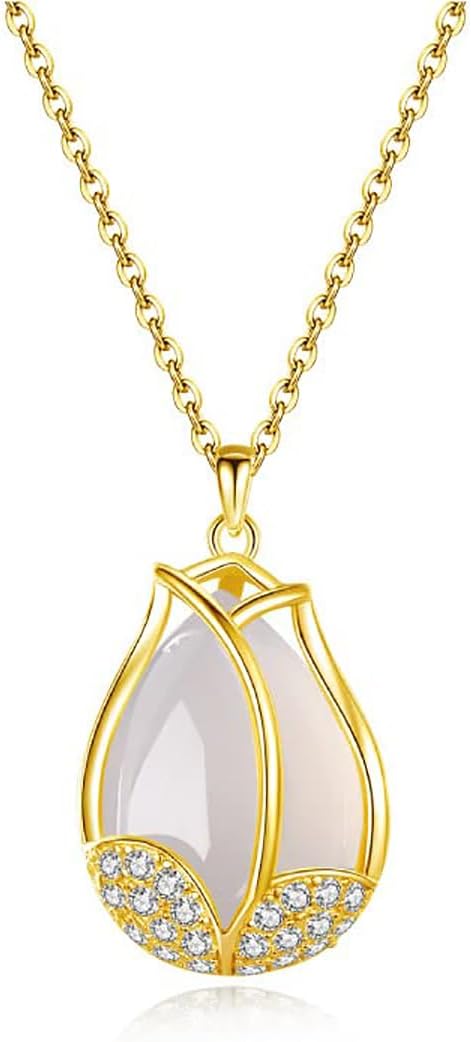 14K Gold Over S925 Silver Jade Tulip Necklace, Moissanite Flower Pendant Necklace - Perfect Birthday and Mother's Day Gift for Mom, Wife