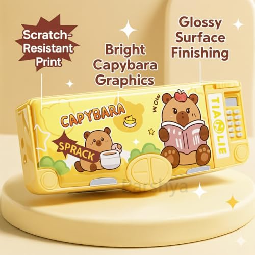 Image of KiddieWorld Capibara Multifunction Pencil Box for Kids with Calculator, Sharpener, Scissor Pop-Out, Magnetic Closure, Large Capacity Double-Sided Storage | Cute Cartoon Pencil Case