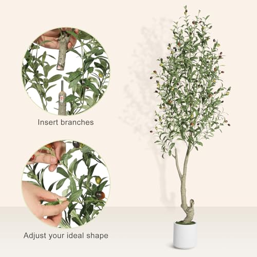 GarveeHome Faux Olive Tree 6ft, Olive Trees Artificial Indoor with White Planter, Artificial Silk Plants with Green Leaves and Big Fruits for Home Office DéCor Living Room Bedroom Stairs Foyer,1 Pack