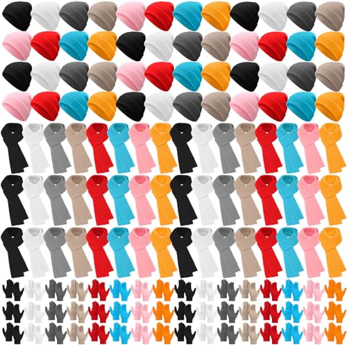 Image of JaGely 150 Pcs Kids Winter Beanies Gloves Scarf Bulk Warm Knit Hat Stretchy Full Fingers Gloves Scarves for Boys Girls