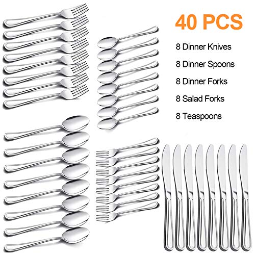 Silverware Set, Elegant Life 40-Piece Stainless Steel Silverware Flatware Cutlery Set Service for 8, Knife Fork Spoon Flatware Set, Modern Design & Smooth Edge