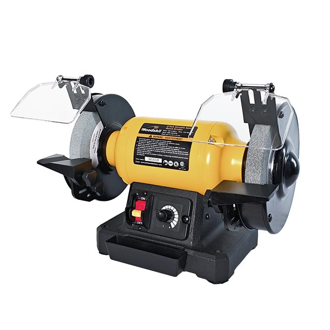 Woodskil 6 Inch Variable Speed Bench Grinder, 2000–3400 RPM Adjustable Speed, 2.5A Motor, Dual Grinding Wheels 36 & 60 Grit, Adjustable Tool Rest, Eye Shield for Sharpening Knives, Tools, Metal