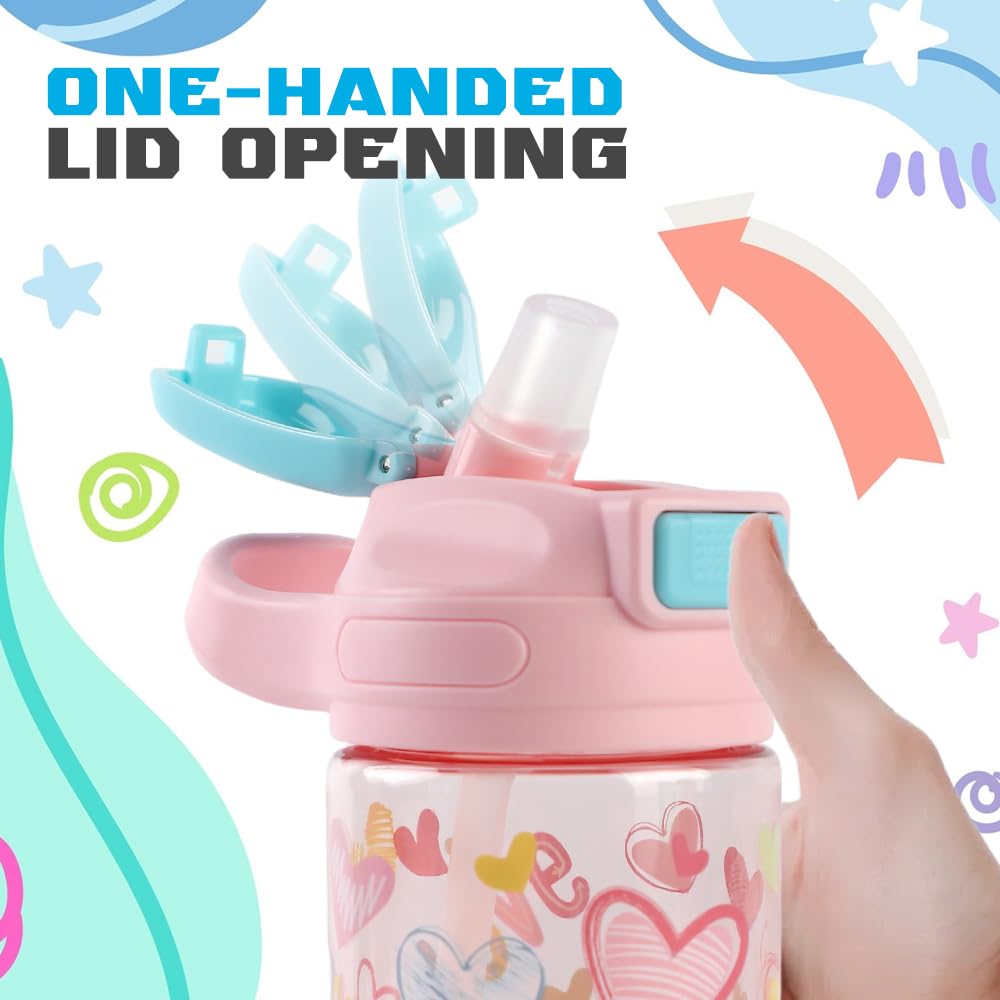 Gourde Enfant, 400ml, Robuste, Incassable, Anti Fuite, Sans BPA, Ouverture par Simple Pression, Facile à Nettoyer, avec Paille, Idéale pour l'École et l'Extérieur (Cœur) - 3