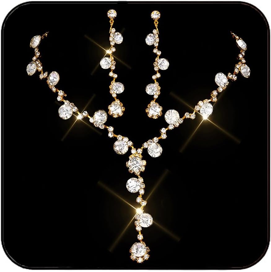 SixexeyRhinestone Jewelry Set Gold Jewelry Necklace Sparkly Wedding Bridal Prom Jewelry Sets for Women