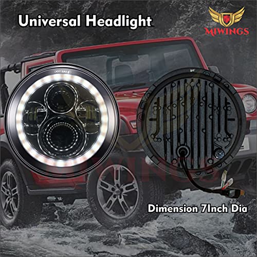 Image of Miwings 6 LED Projector Headlight with Dual Color DRL Full Ring For Mahindra Thar /Jeep /Royal Enfield Bike Models, 7 Inch, White and Amber