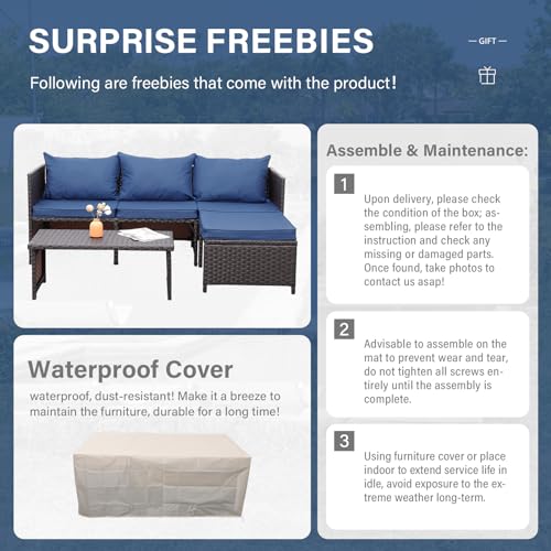 Image of Valita Outdoor Furniture Set 3 Piece Patio Set Patio Conversation Sets Outdoor Sectional Sofa Patio Loveseat Coffee Table with Non-Slip Cushions, Navy Blue