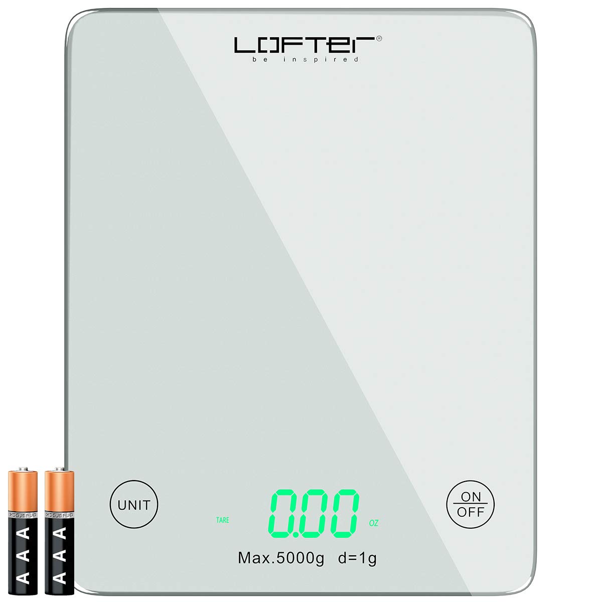 Food Scale, LOFTer Multifunction Digital Kitchen Scale with LED Display for Baking Cooking, 11lb/5KG Capacity, Ultra Slim, Easy to Clean, Tempered Glass Surface Touch Screen, Battery Included, White