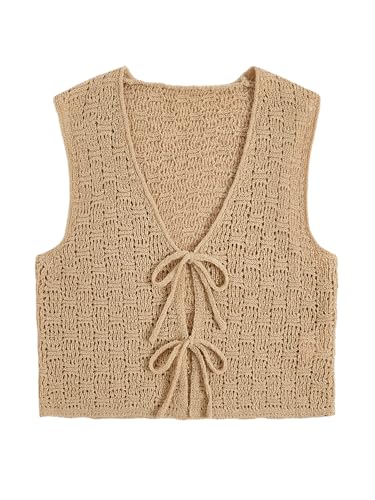 Image of GORGLITTER Women's Tie Front Cardigan Crochet Sleeveless Open Front Tie Cropped Cardigan Sweater Vest Tops