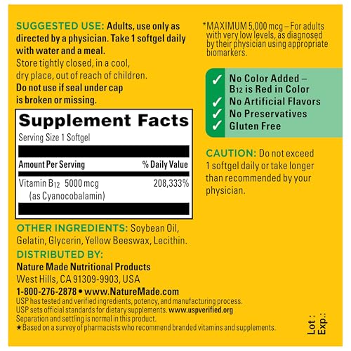 Nature Made Maximum Strength Vitamin B12 5000 mcg Softgels, 60 Softgels - image 8