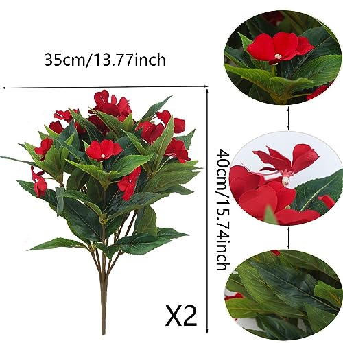 2 Pcs Artificial Impatiens Flowers for Outdoors Faux Impatiens Bushes Red Silk Flowers Greenery Faux Flowers for Outdoor Planters Patio Lawn Garden Balcony Pot Hanging Basket Porch image 4