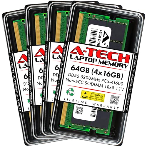Image of A-Tech 64GB Kit (4x16GB) DDR5 5200MHz PC5-41600 CL42 SODIMM 1Rx8 Single Rank 1.1V Non-ECC Unbuffered SO-DIMM 262-Pin Laptop Computer RAM Memory Upgrade Modules