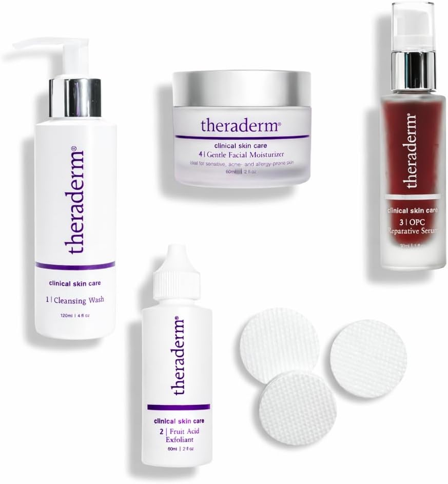 Theraderm Skin Renewal System with Gentle Moisturizer – 4-Step Skincare Kit with Lactic Acid Exfoliant, Antioxidant Serum & Lightweight Hydration for Sensitive & Combination Skin