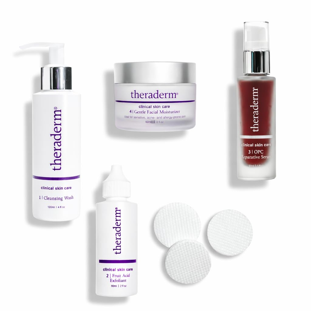 Theraderm Skin Renewal System with Gentle Moisturizer – 4-Step Skincare Kit with Lactic Acid Exfoliant, Antioxidant Serum & Lightweight Hydration for Sensitive & Combination Skin