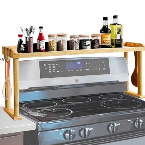 MAVOTER 34 Inch Over The Stove Spice Rack Bamboo Over The Stove Shelf for Kitchen, Spice Organizer for Top of Stove, Easy Installation 34.6 * 5.1 * 13.6 Inch