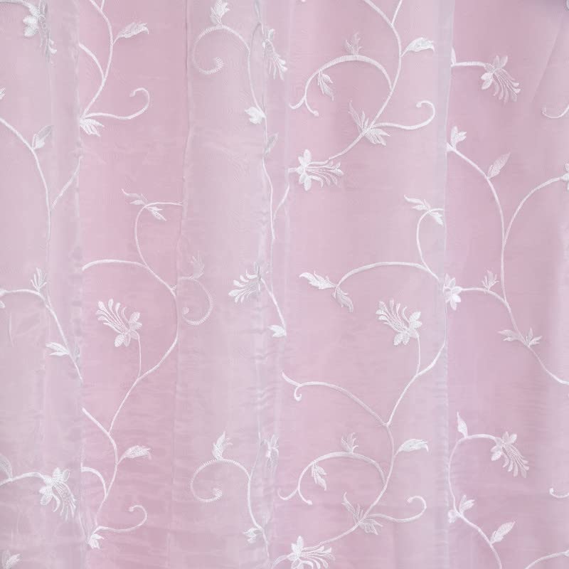 Image of 2 in 1 Embroidery Transparent Polyester Door Curtain with 80% Blackout Set of 2 Pieces(8 Feet, White Embroidery+Pink Blackout)
