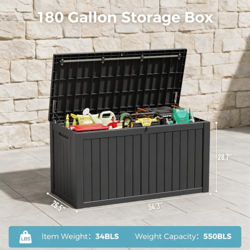Image of 180 Gal Deck Box, Outdoor Storage Box Waterproof Lockable, Gas Lift,Black | Large sturdy grey resin deck box, double wall panels, waterproof backyard storage for package delivery, garden hoses tools