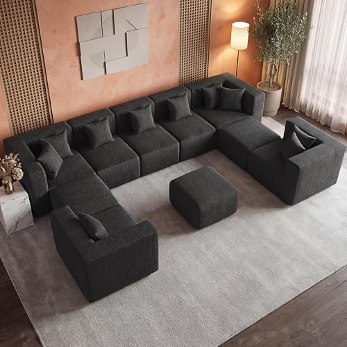Image of MONVANE Modular Sectional Sofa, Oversized 10 Seat Convertible U Shaped Couch with Ottoman, Comfy Chenille Cloud Couch with Deep Seat, Sectional Couches for Living Room, No Assembly Required, Black