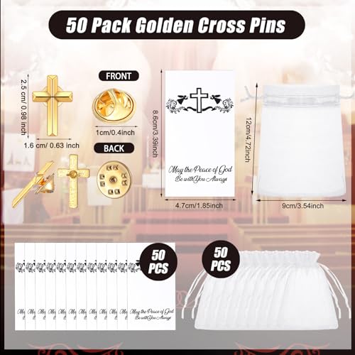 Zeyune 50 Sets Cross Pins Bulk Gold Metal Cross Lapel Pins with Cards and Organza Bags Small Religious Christian Enamel Brooch for Men Women Christian Chaplain Funeral Church Activities Gift2