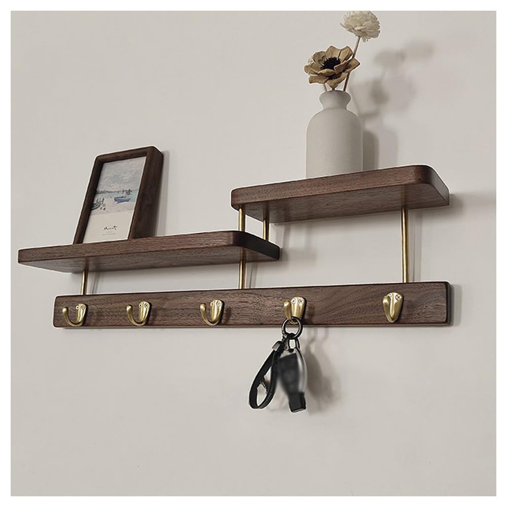 ZHOUXIAO Solid Wood Coat Rack with Shelf Wall Mount, Walnut Wood Coat Hooks Hanger 60cm