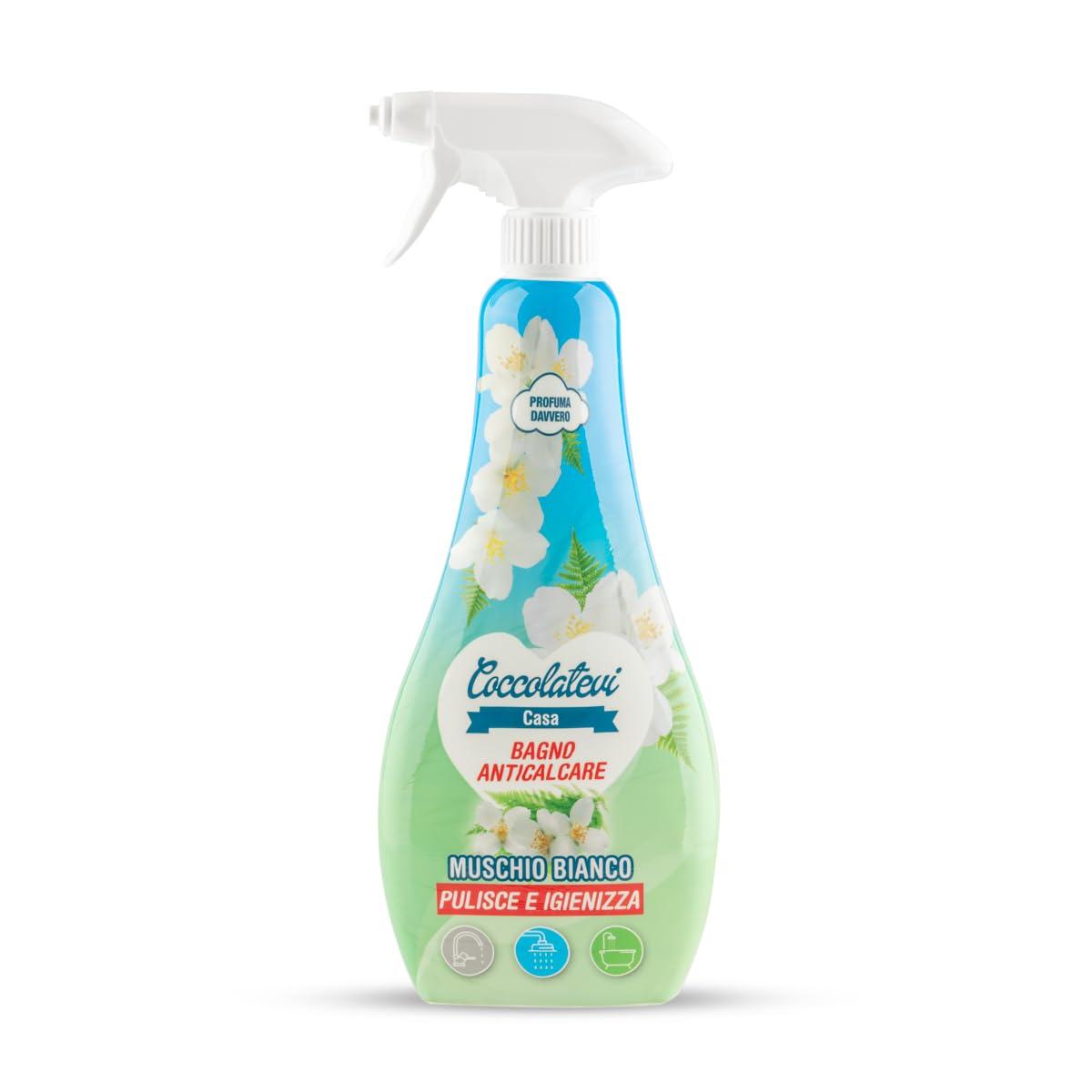 COCCOLATEVI Spray Anticalcare Bagno Muschio Bianco 750 ml x 3, Detergente Bagno Super Profumante, Rimuove Calcare e Residui di Sapone, Lucida e Protegge, Pulisce e Igienizza