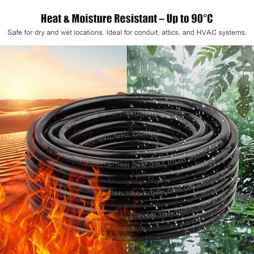 Image of XRDS -RF 2AWG THHN Wire, 50FT Black Stranded Copper Electrical Wire, Nylon Jacket, 600V Rated, Heat & Abrasion Resistant THHN /THWN-2 Cable for Household, Automotive, Solar, RV, Inverter