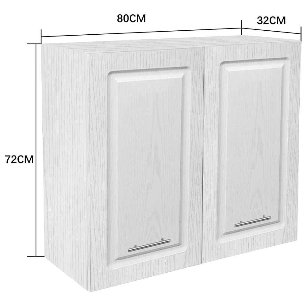 Shally Dogan Pensile Scolapiatti con Vassoio Salvagoccia da Cucina Design Boiserie, Mobile a Parete in Legno Resistente Armadio Sospeso con Due ante e Due Ripiani, 80 x 32 x 72H cm (Bianco Frassianto)