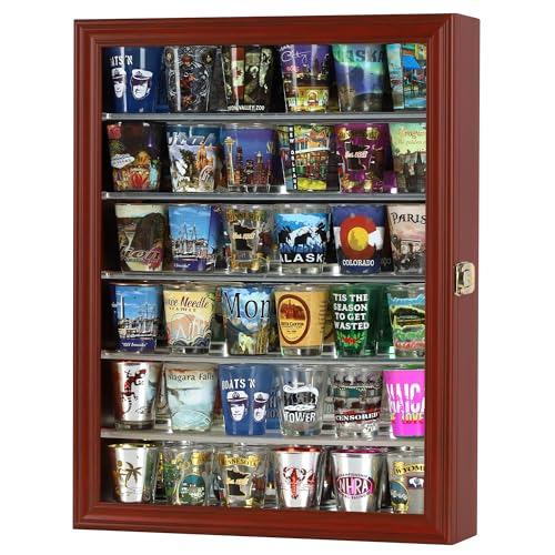 Souvenir Shot Glass Display Case Shadow Box Wall Mounted Cabinet Mirror Background in Cherry Finish