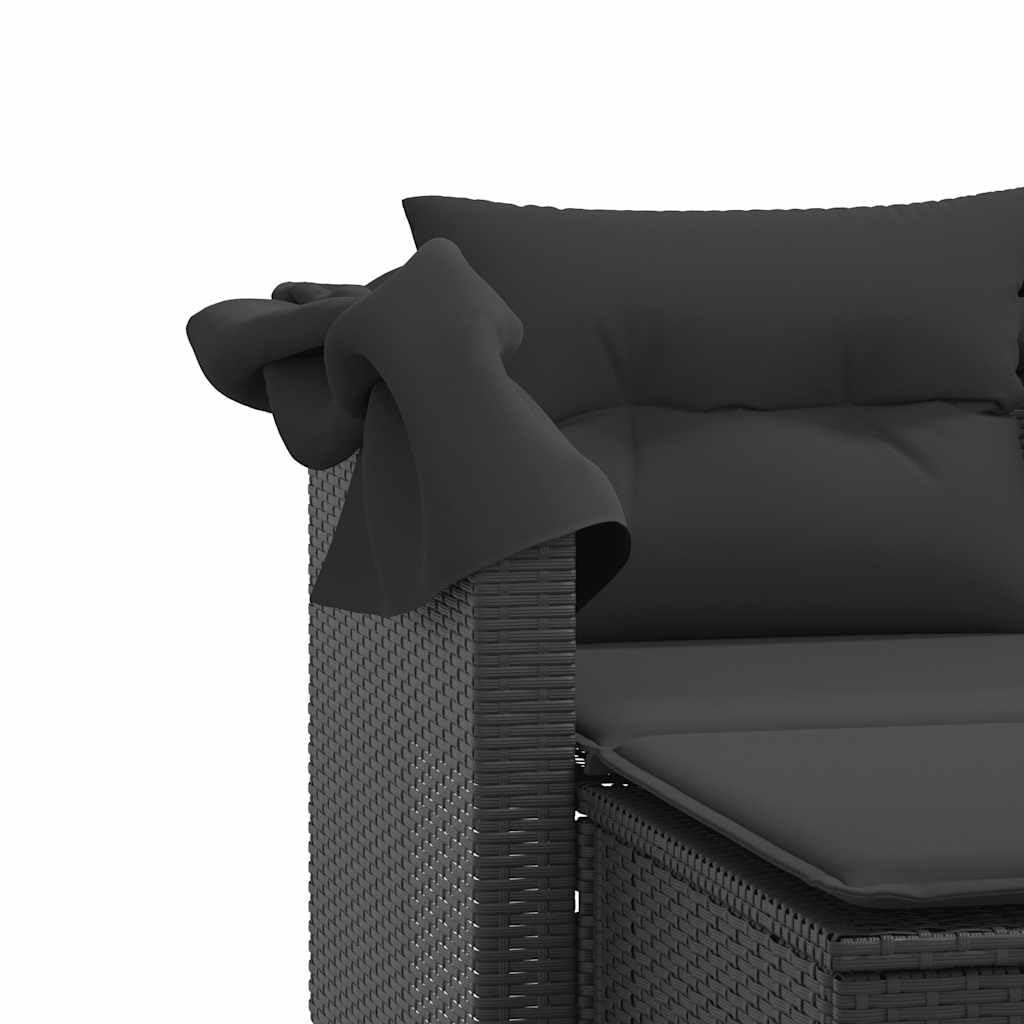 Divano Giardino 2 Posti con Baldacchino e Sgabelli Sdraio Polyrattan Nero per Esterno Set Relax con Cuscini Lavabili 110kg