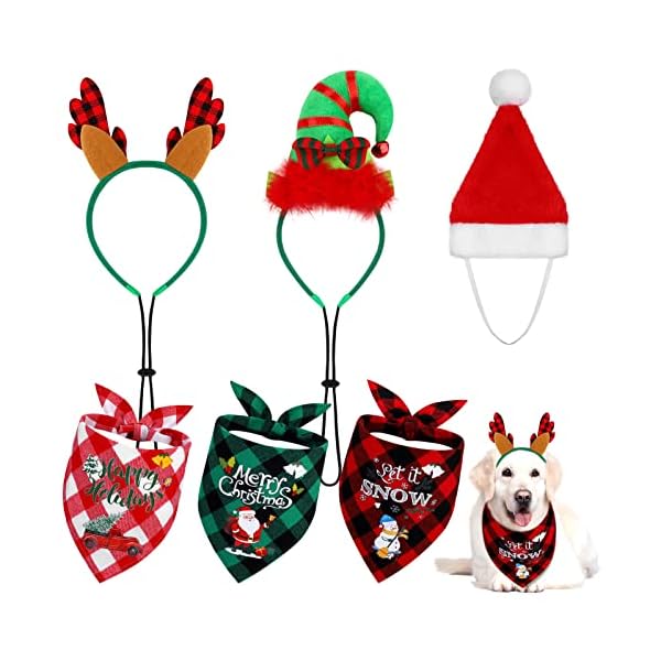 Pedgot 6 pack pet costume accessories christmas classic buffalo plaid pet scarf pet xmas reindeer antlers headband with ears adjustable xmas dog santa hat for pet decor