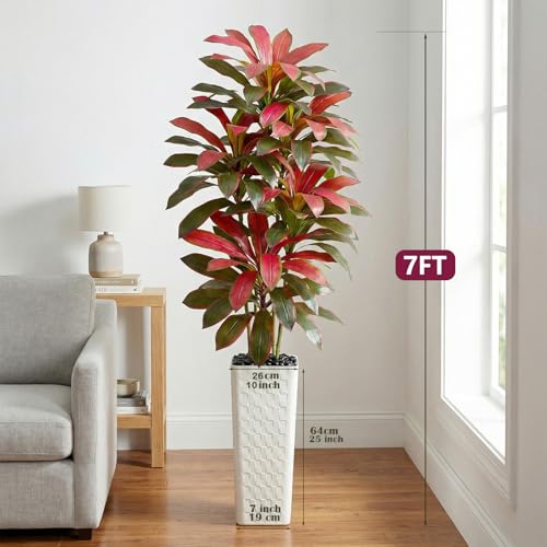 Image of Artificial Red Dracaena Tree Indoor, 7FT Tall Fake Floor Plants with White Planter & Pebbles, Faux Silk Yucca Tree for Home Office Living Room Bedroom Farmhouse Modern Outdoor Topiary Tree