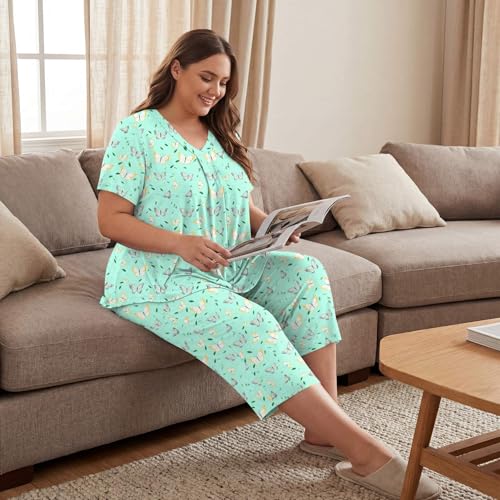 Image of Bestbee Women's Pajama Sets 2 Piece Lounge Outfits Summer Sleepwear V Neck Short Sleeve Capri Pant With Pockets Ladies Pjs
