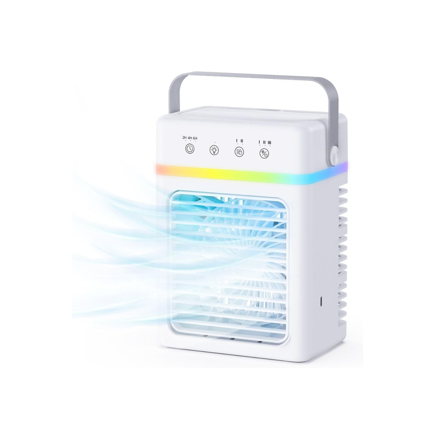 Mini Climatiseur Mobile 900ML, Refroidisseur d'Air Évaporatif avec 3 Niveaux de Fraîcheur, 3 Modes de Brumisation, Minuterie 2/4/6H, Éclairage LED, Alimentation USB 10W, pour Bureau, Chambre ou Voyage
