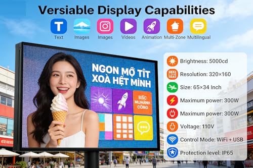 Image of P5 Outdoor IP65 Waterproof 65 inchx34 inch Programmable LED Sign Board - Wi-Fi Full Color High-Res Scrolling Display, USB Control, Custom Images & Video for Business