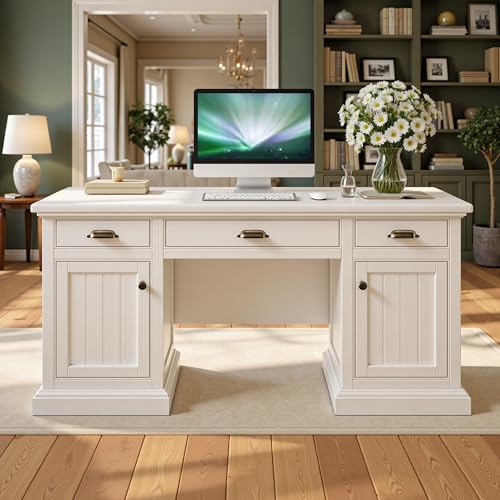 Jocisland 68 Executive Desk for Home Office & Study Fluted Panel Computer Table with 3 Drawers and 2 Cabinets Farmhouse Writing Desk Pure White