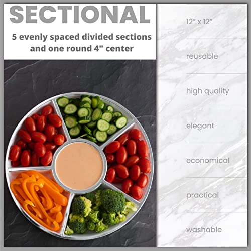 Party Bargains 6-Section Round Plastic Serving Tray, 12 Inch, White With Silver Rim, Pack Of 4, Reusable Platters For Appetizers, Fruits, Snacks, Charcuterie, Dessert #TOP5