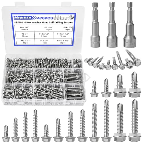 470Pcs Self Tapping Screws for Metal #8#10#14, Hakkin 410 Stainless Steel Self Drilling Screws Assortment Kit, Hex Washer Head Sheet Metal Screws Kit, Tek Screws 1/2" 3/4" 1" 1-1/2", Socket Included