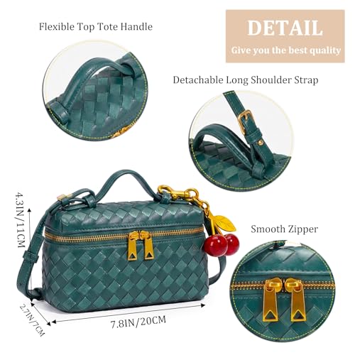 Image of Small Woven Box Crossbody Bags for Women Designer Leather Mini Top Handle Clutch Purse Square Vanity Bag with Cherry Charm