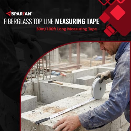 Image of SPARTAN FT30 Fiberglass Top Line Measuring Tape - 30m /100ft || Case Reinforced with Stainless Steel Band || Durable Winding Mechanism Handle and Stainless Steel Mouth with End Hook