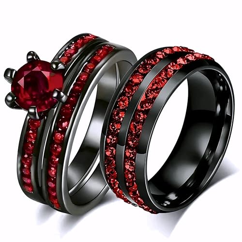 Fashion Couple Rings Red Rhinestones CZ Women Rings Set Men Stainless Steel Zirconia Ring Wedding Band Jewelry-N032