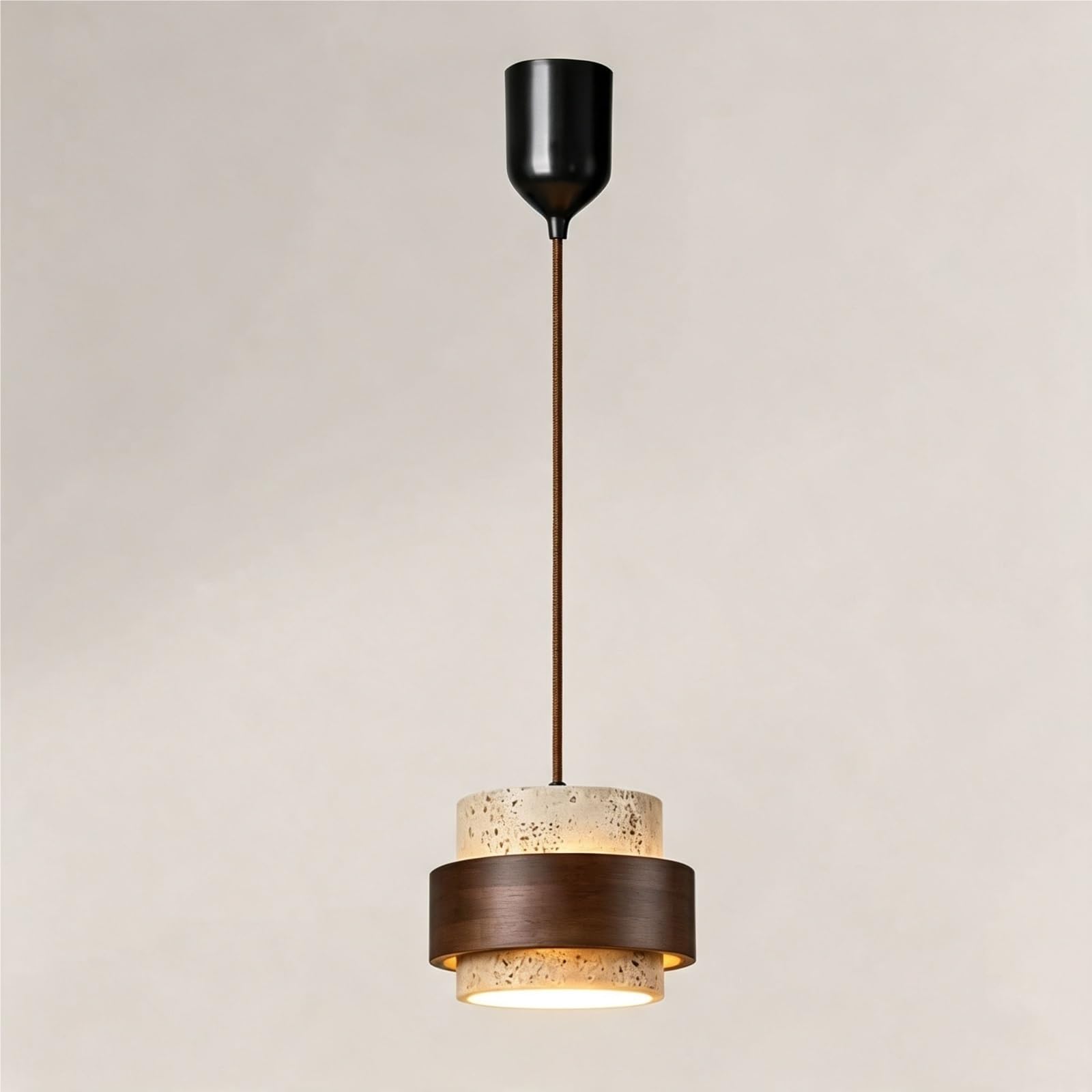 Travertine & Walnut Wood Mini Pendant Light, Wabi Sabi Single Hanging Lamp