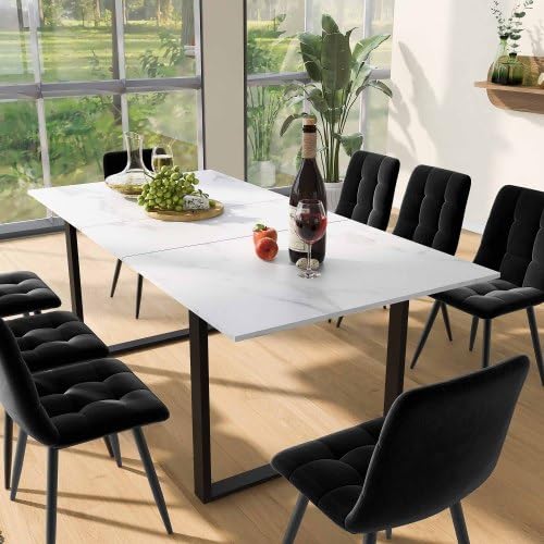 Tavolo da pranzo rettangolare allungabile 140/180 cm, struttura in metallo effetto marmo, tavolo da cucina per 6-8 persone, bianco