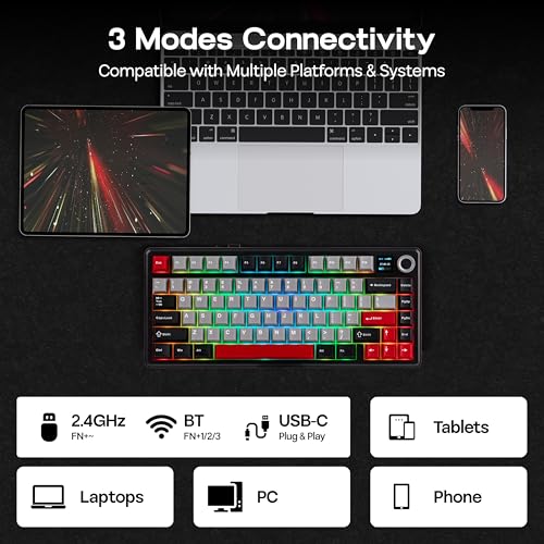 Image of MechLands Aula F75 MAX Wireless Gaming Keyboard with Screen & Knob, 75% Hot Swappable Mechanical Keyboard with Creamy Gasket, RGB Backlits, NKRO for Win /Mac /Linux (Black Red)