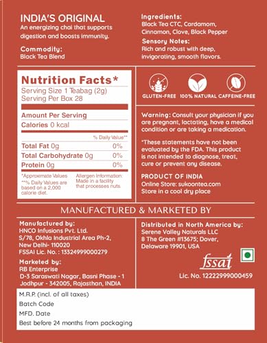 Image of Sukoon India's Original Masala Chai Tea bags - 100 Teabags (2g each) - Plant-Based Pyramid Teabags - Organic - Black Tea CTC, Cardamom, Clove, Cinnamon Spices - Sourced from Assam, individually wrapped