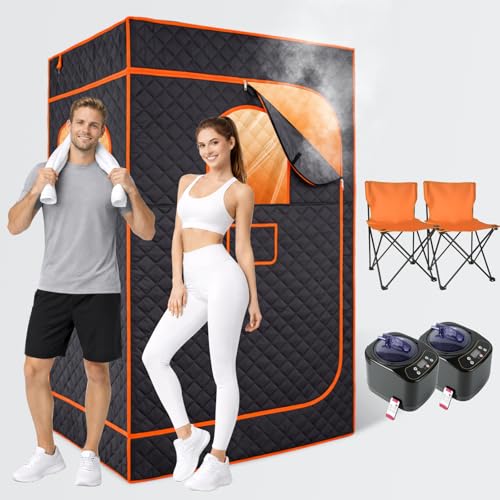 HomeCare Portable Sauna Box for Two, Home Sauna with Two 3.0L 1200W Steamers, 9 Temp & 99 Min Timer,...