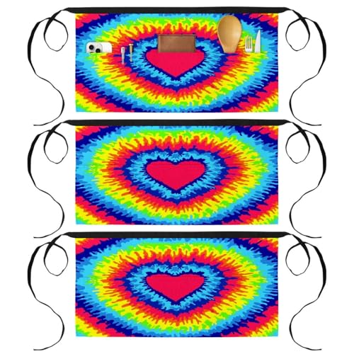 Tablier court de chef multicolore à 3 poches au motif imprimé cœur love tie dye