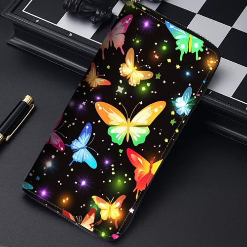 Image of RFID Blocking Leather Wallet for Women - Large Capacity Zip Around Clutch with 8 Card Slots,17 Cash Pockets & Coin Zipper,Colorful Butterfly